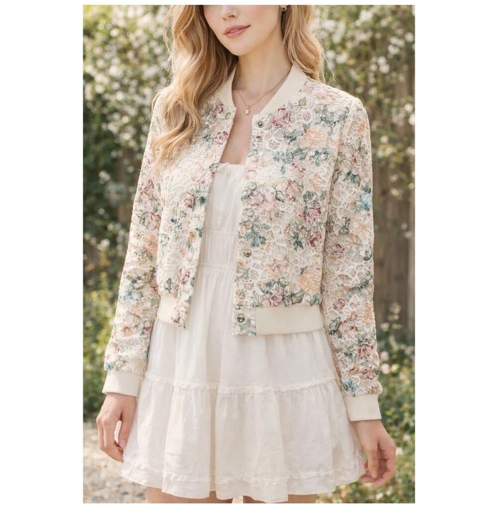 Nanette Lepore Lace Bomber Jacket Floral Romantic Cottagecore Bridal L